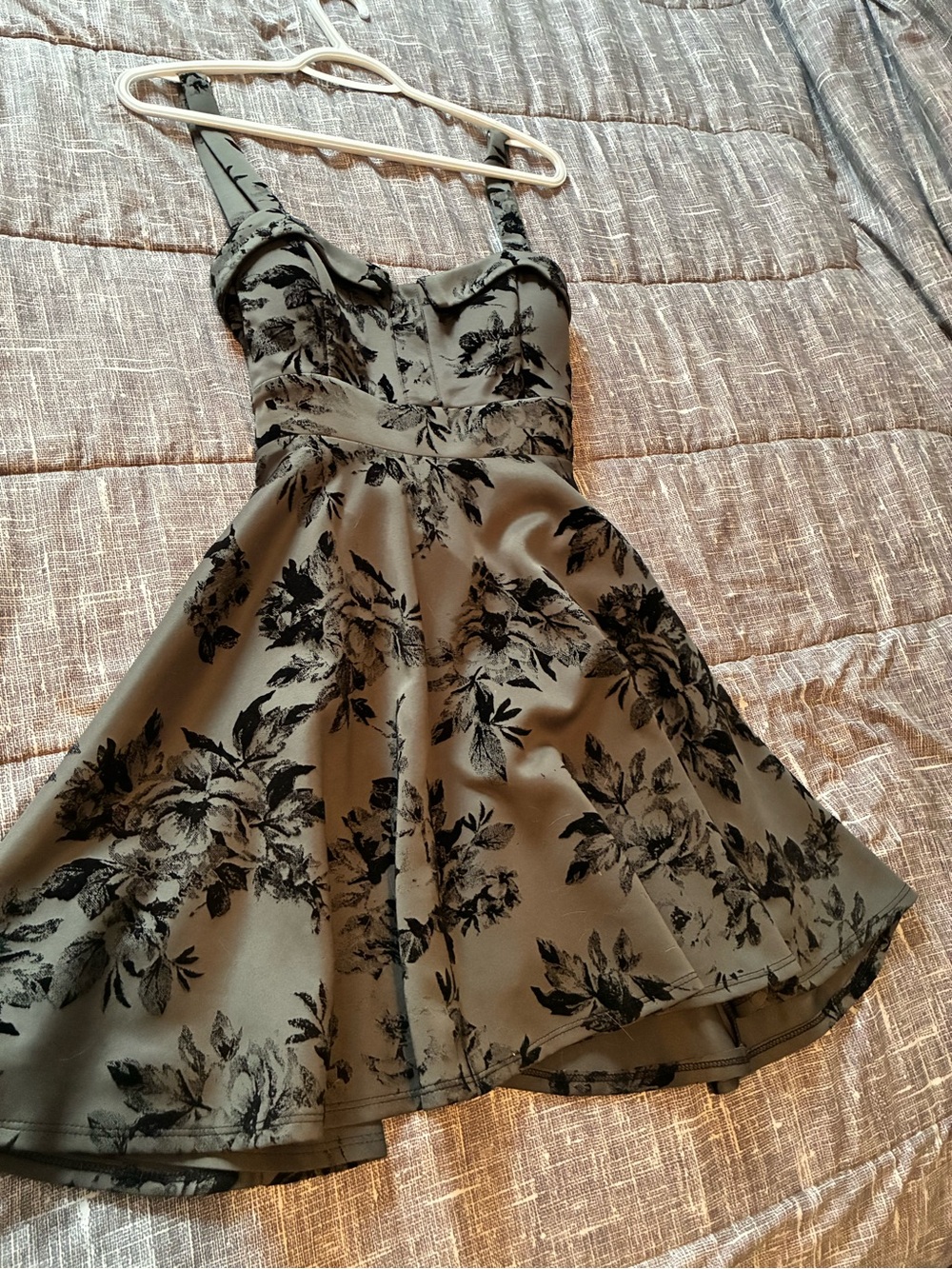 Floral Satin Fit-and-Flare Formal Dress in Black and Gray